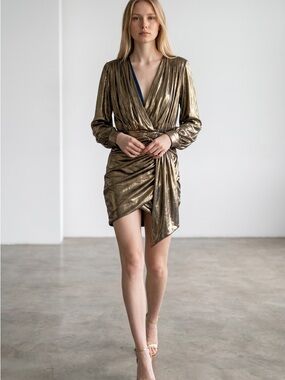House of CB Gold Metallic Plunging Wrap Mini Dress